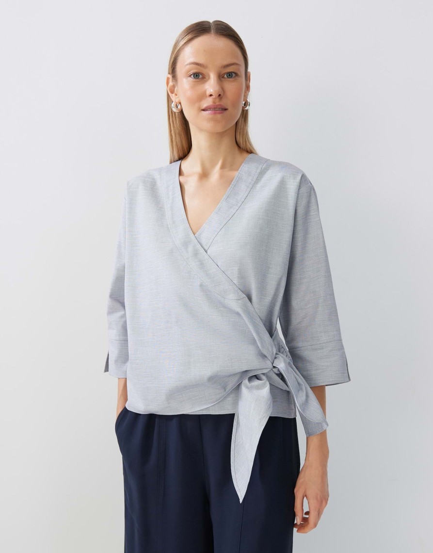 someday Zayali Chambray Normale Wikkelblouse In Bci Katoen | Blouses