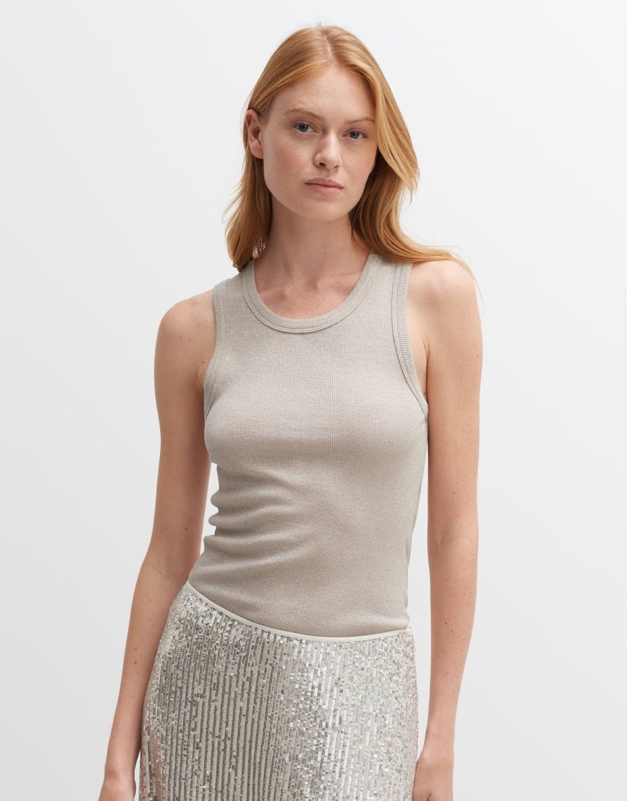 opus Geribde Tanktop Ilesso Sparkle Slim Met Glittereffect | Shirts